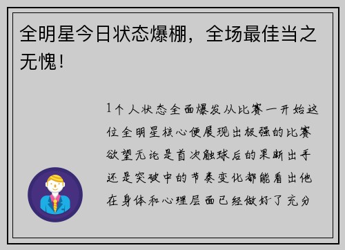 全明星今日状态爆棚，全场最佳当之无愧！
